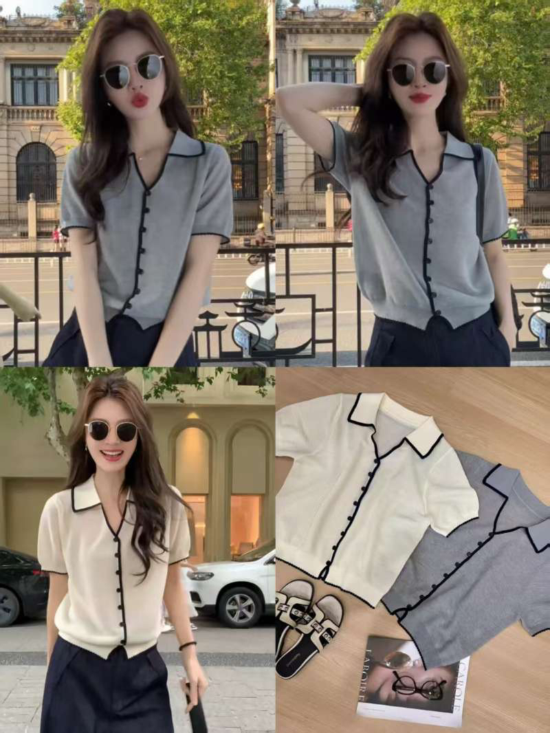 한 부서 POLO 칼라 회색 반팔 얼음 실크 니트 오픈 가디건 여성 자이언트 잘 생긴 ~ 중 여름 고유 한 아름다운 맨위 얇은 스타일