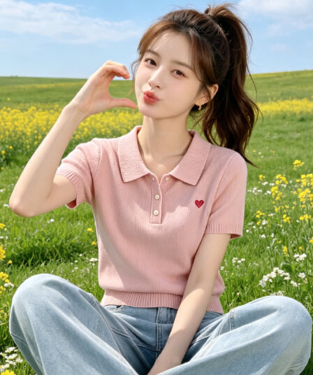 여름 새로운 슬림해 보이는 다용도 슈퍼 잘 생긴 연령 감소 외국 가스 핑크색 폴로 칼라 반팔 polo 니트 티셔츠 여성 폭발