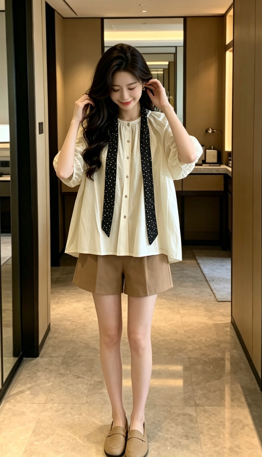 도트 무늬 리본 거품 소매 면 린넨 여성 셔츠 프랑스식 부드러운 바람 루즈핏 표지 고기 맨위