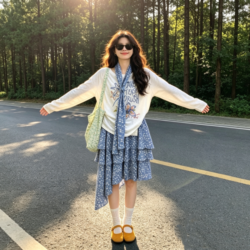 한 부서 캐주얼 꽃무늬 세트 여성 알파벳 긴팔 티셔츠 파란색 꽃무늬 불규칙 케이크 드레스 다용도 두 조각