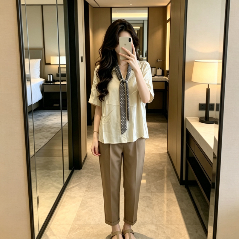 도트 무늬 넥타이 반팔 여성 셔츠 여름 루즈핏 품격 폴로 칼라 셔츠 캐주얼 출퇴근 Chic 맨위