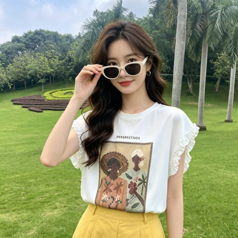 여름 아메리칸 레트로 초상화 프린트 티셔츠 여성 루즈핏 프릴 작은 날다 소매 캐주얼 다용도 반팔 맨위