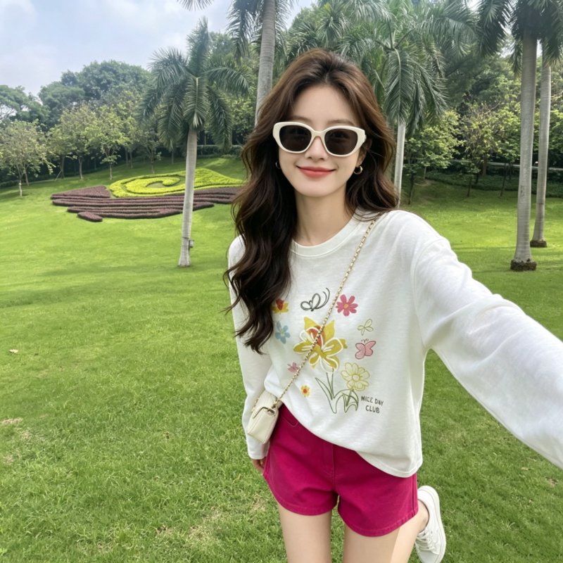 여름 색상 꽃 나비 프린트 긴팔 티셔츠 여성 루즈핏 얇은 스타일 통기성 캐주얼 다용도 자외선 차단 기본 셔츠