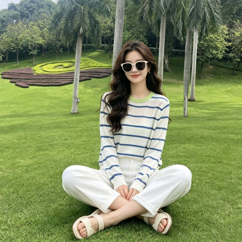 배색 녹색 칼라 블루 화이트 스트라이프 니트 스웨터 여성 얇은 스타일 루즈핏 슬림해 보이는 캐주얼 다용도 자외선 차단 긴팔 맨위 여성