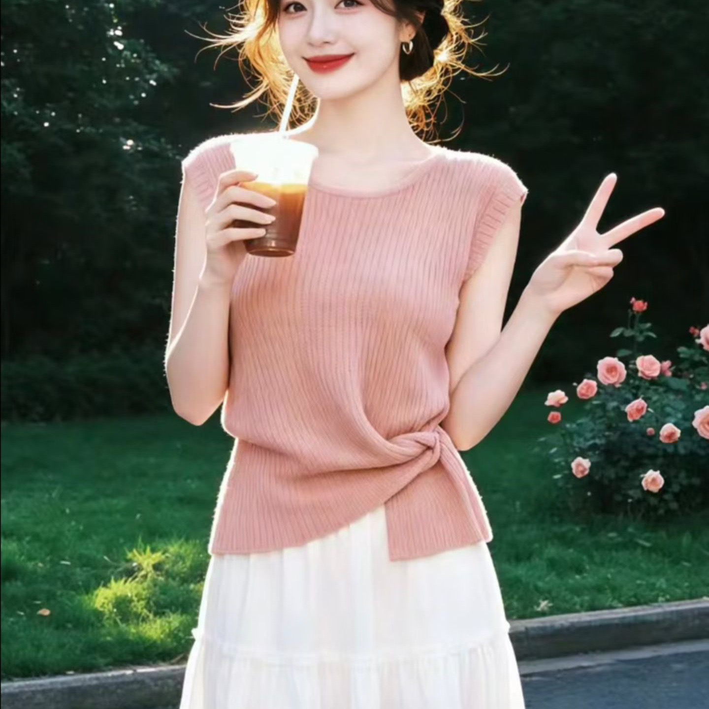 한 부서 부드러운 바람 라운드 넥 민소매 니트 스웨터 티셔츠 여성 여름 루즈핏 슬림해 보이는 측면 버클 디자인 센스 다용도 조끼