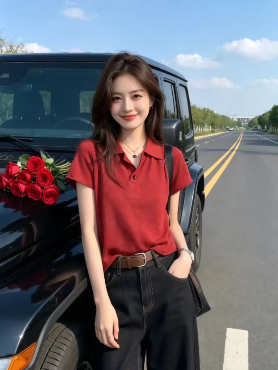 빨간색 폴로 칼라 니트 스웨터 여성 여름 몸매 가꾸기 슬림해 보이는 얼음 실크 얇은 스타일 긍정적 인 어깨 반팔 POLO 셔츠 티셔츠 맨위