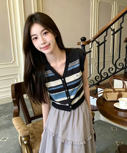 한 부서 배색 스트라이프 V넥 니트 조끼 여자 여름 하트 자수 민소매 오픈 가디건 조끼 어깨 작은 날다 소매