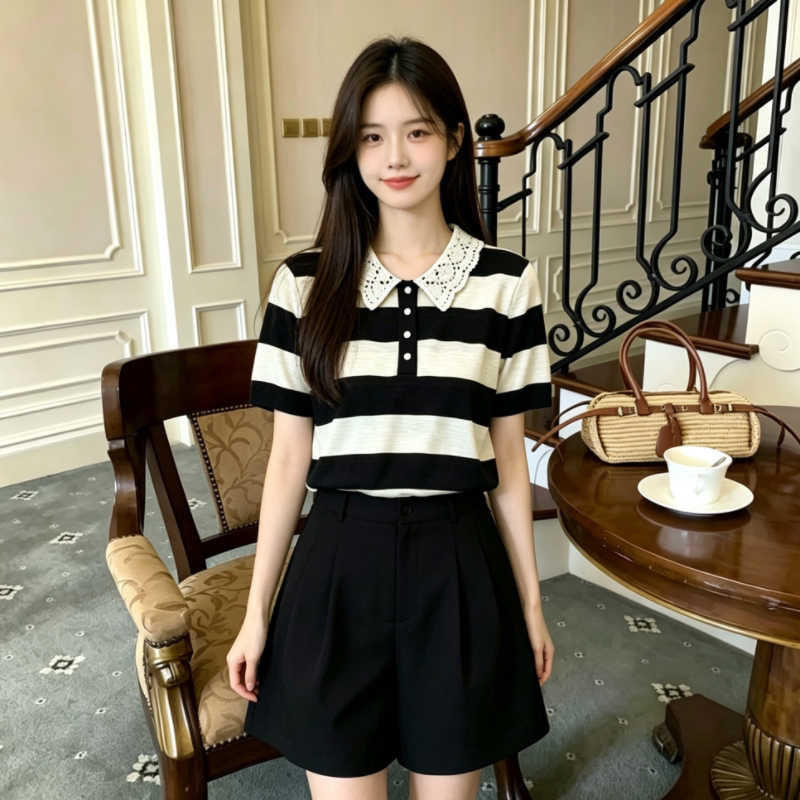 2026 여름 새로운 홀로우 아웃 베이비 칼라 반팔 니트 스웨터 얇은 스타일 여성 루즈핏 슬림해 보이는 반 개방 버클 티셔츠 맨위