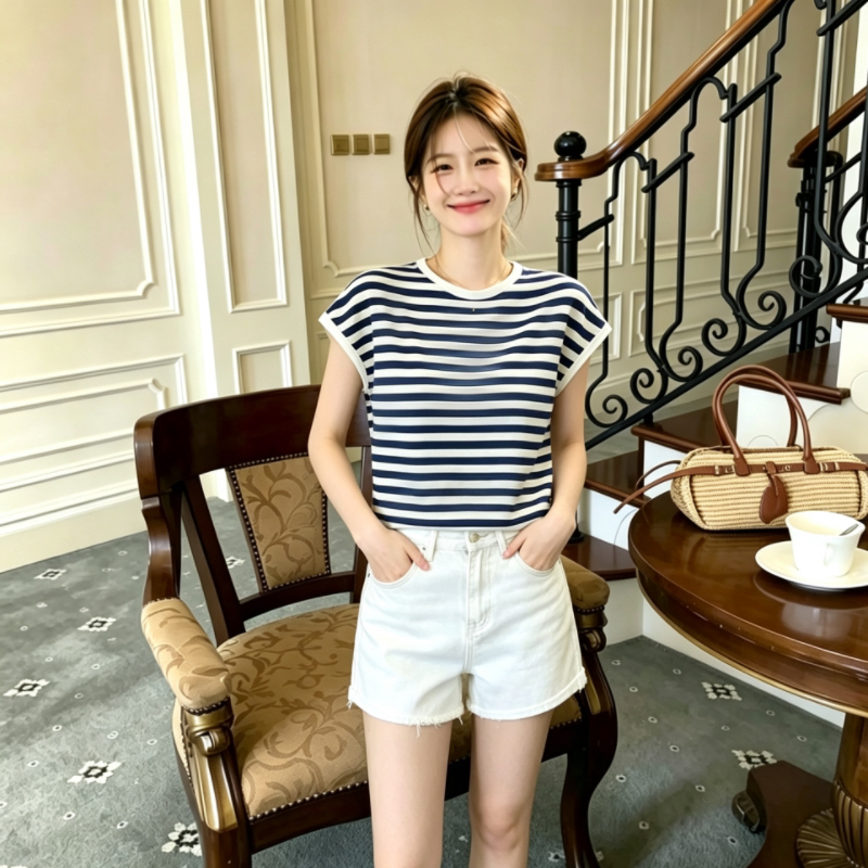 여름 새로운 구덩이 기사 곡물 티셔츠 여성 보라색 황색 배색 몸매 가꾸기 슬림해 보이는 다용도 작은 키 쇼트 스타일 니트 맨위
