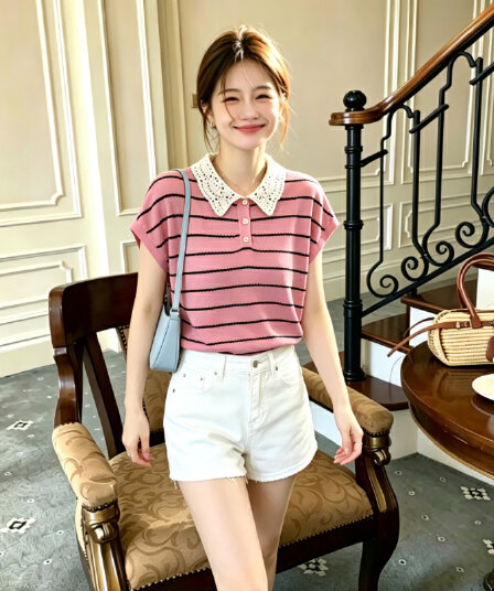 한 부서 배색 스트라이프 레이스 홀로우 아웃 Feifei 소매 짠 셔츠 여성 디자인 센스 2026 여름 다용도 출퇴근 맨위