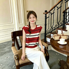 批发实拍 复古休闲条纹小飞袖针织上衣轻薄肌理感百搭小个子女背心