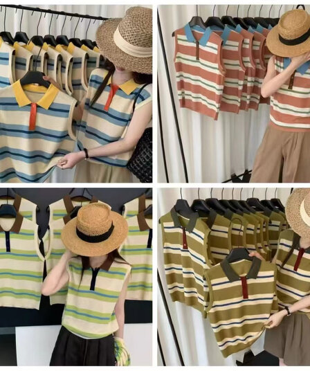 2026 년 여름 새로운 패션 품격 POLO 칼라 스트라이프 니트 조끼 여성 한국 스타일 통기성 맨위