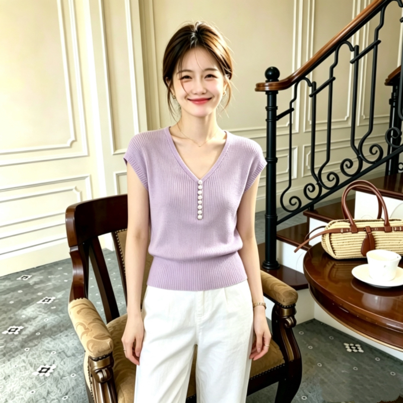 보라색 V넥 긍정적 인 어깨 작은 날다 소매 티셔츠 여성 여름 빅 사이즈 지방 mm 몸매 가꾸기 슬림해 보이는 품격 반팔 니트 스웨터 맨위
