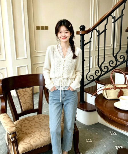 프랑스식 자수 홀로우 아웃 털 공 V넥 긴팔 니트 스웨터 여성 봄 가을 디자인 센스 작은 대중 펌프 로프 스웨터 맨위 트렌디