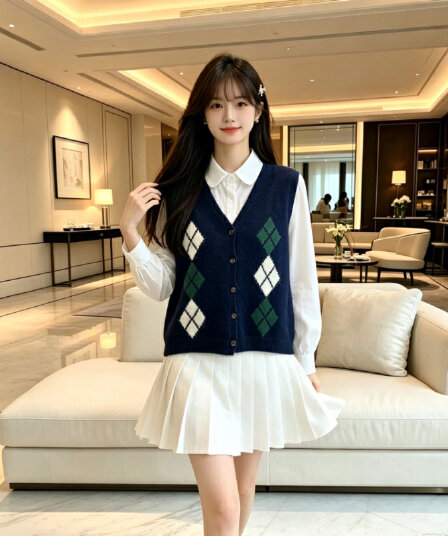 실사 V넥 다이아몬드 모양 그리드 민소매 조끼 여성 25 가을 겨울 새로운 캐주얼 다용도 얇고 가벼운 너구리 플러시 조끼 베스트