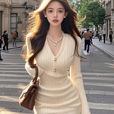 批发小香风针织连衣裙女<b class='q'>春</b>秋新款气质名媛V领收腰显瘦包臀短裙冬打底