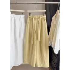 批发2026春<b class='q'>装</b>洗水棉系带弯刀休闲<b class='q'>裤</b>女高腰显瘦<b class='q'>宽松</b>慵懒鹅黄色阔腿<b class='q'>裤</b>