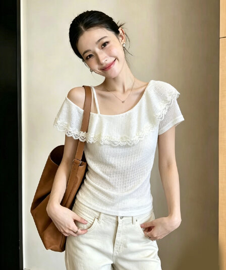 섬유 3 모방 마 홀로우 아웃 원단 부드러운 불규칙 프릴 비스듬한 어깨 의류 작은 셔츠