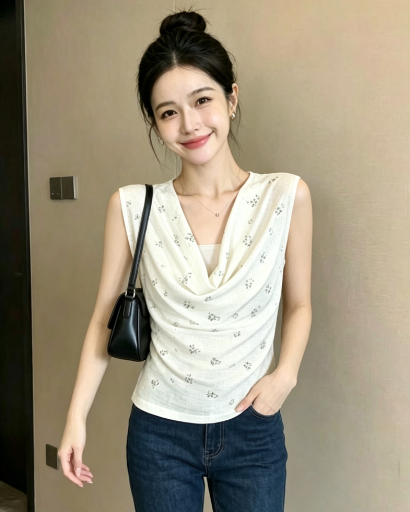 26 여름 새로운 프랑스식 고급 센스 절묘한 구슬 자수 아름다운 흔들다 칼라 티셔츠 슬림해 보이는 품격 민소매 니트 작은 셔츠