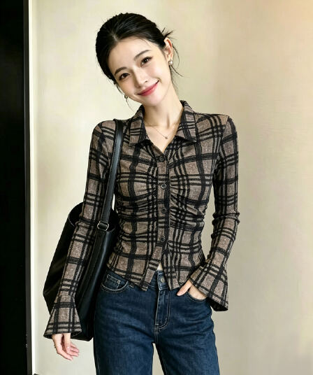 가을 겨울 식물 플러시 망사 슈퍼 디스플레이 몸 뒤집어엎다 뿔 허리 몸매 가꾸기 셔츠 레트로 체크무늬 부츠컷 소매 맨위