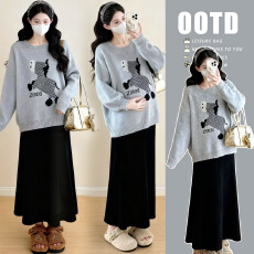 批发孕妇装秋冬搭配一整套2025新款茶系穿搭高级感气质时尚套装裙