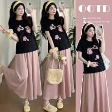 批发实拍 2025夏季新品纯棉韩版T恤+半身裙孕妇套装