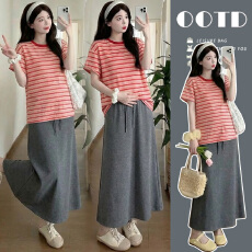 批发实拍孕妇装夏装条纹宽松韩版上衣+半身裙