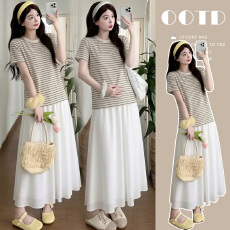 批发实拍孕妇装夏装休闲韩版宽松条纹上衣+半身裙