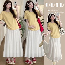 批发实拍孕妇装夏装休闲韩版宽松条纹上衣+半身裙