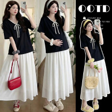 批发实拍孕妇装夏装休闲韩版宽松蝴蝶结+半身裙