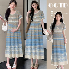 批发实拍孕妇装孕妇装时尚条纹短袖针织连衣裙