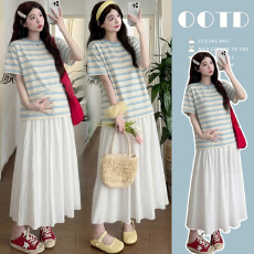 批发实拍孕妇装夏装休闲韩版<b class='q'>宽松</b>条纹<b class='q'>上衣</b>+半身裙