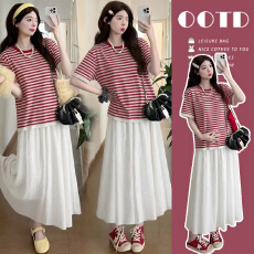 批发实拍孕妇装夏装休闲韩版<b class='q'>宽松</b>条纹<b class='q'>上衣</b>+半身裙