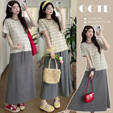 批发实拍孕妇装夏装休闲<b class='q'>韩版</b>宽松条纹上衣+半身裙