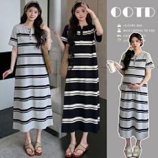 批发实拍孕妇装孕妇装时尚条纹短袖针织连衣裙