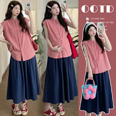 批发实拍孕妇装夏装休闲<b class='q'>韩版</b>宽松衬衣上衣+半身裙