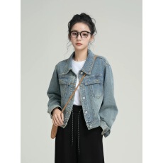 批发复古水洗蓝<b class='q'>牛仔</b>外套女春秋2025春季新款POLO领<b class='q'>牛仔</b><b class='q'>褂</b>夹克短款上衣