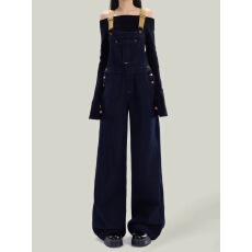 批发美式丹宁深蓝<b class='q'>阔</b><b class='q'>腿</b>牛仔背带裤女高腰宽松窄版直筒<b class='q'>连体裤</b>