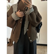 批发韩系格子撞色连帽毛呢短外套女秋冬季高级感气质休闲百搭呢子上衣