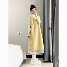 法式蓝色蕾丝拼接背心连衣裙女冬季新款慵懒风显瘦减龄毛呢长裙子