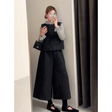 批发黑色复古波点套<b class='q'>装</b>女秋冬2025新款韩版设计感马甲阔腿九分<b class='q'>裤</b>两件套