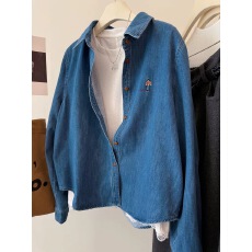 批发韩国25秋冬新 卡通小人刺绣 磨毛抓绒水洗柔软翻领内搭<b class='q'>牛仔</b><b class='q'>衬衫</b>女