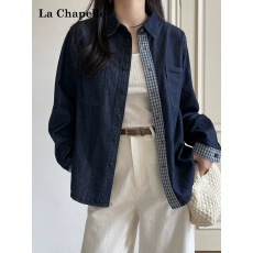 批发深蓝色格子拼接天丝<b class='q'>牛仔</b><b class='q'>衬衫</b>女秋冬加绒加厚复古宽松上衣