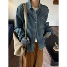 批发萱琪<b class='q'>牛仔</b>韩系复古百搭南瓜刺绣加绒长袖<b class='q'>牛仔</b><b class='q'>衬衫</b>女士冬季休闲上衣