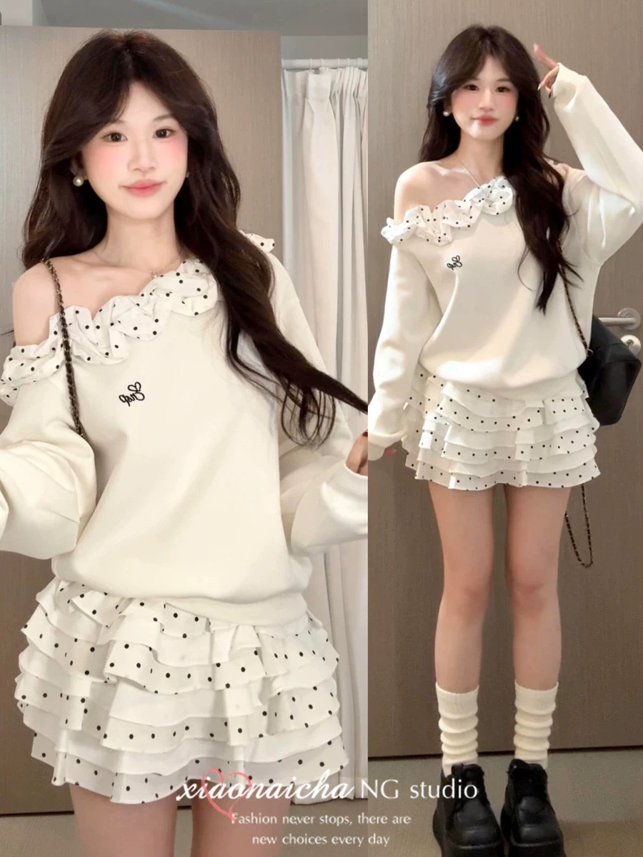 달콤한 스타일 도트 무늬 프릴 비스듬한 어깨 긴팔 티셔츠 맨위 여성 봄 가을 새로운 패션 케이크 드레스 투피스 세트