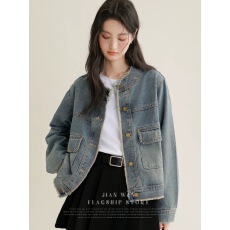 批发2026<b class='q'>春</b>秋新款复古毛边水洗牛仔外套女设计感宽松短款百搭夹克上衣