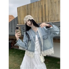 批发时尚<b class='q'>蕾丝</b>拼接洗水牛仔短外套女秋季2025新款设计感小个子宽松上衣