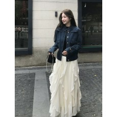 批发美式复古纽扣开衫牛仔蓝色短外套女<b class='q'>春</b>季宽松设计感做旧休闲上衣潮