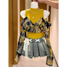 韩版设计感露肩假两件长袖格子衬衫女春季新款小众修身别致上衣潮