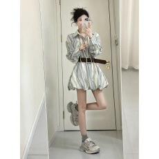 批发度假风氛围感衬衫<b class='q'>连衣裙</b>女春季复古条纹长袖裙子气质<b class='q'>花苞</b>a字短裙